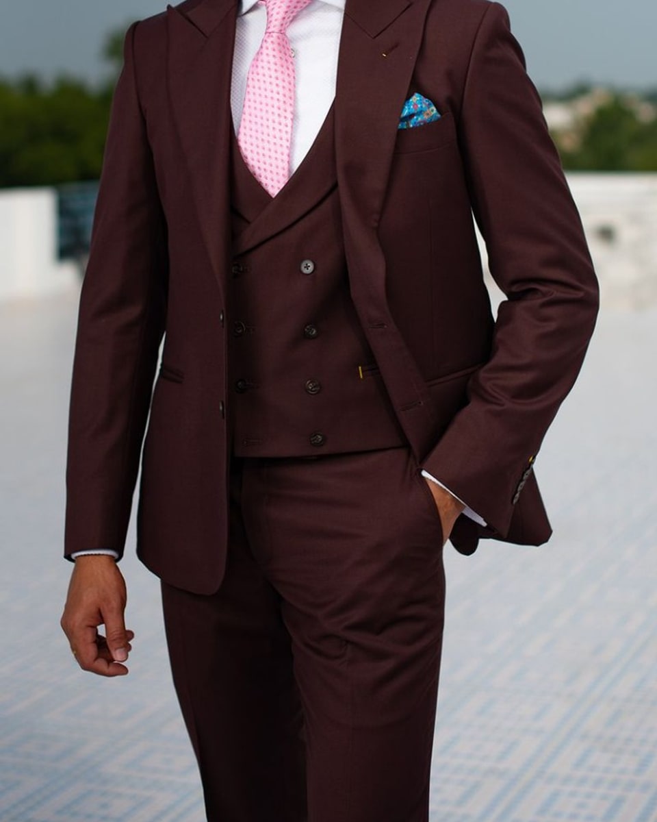Perfect Attire burgundy three-piece suit